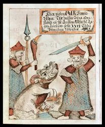 The Norse god Tyr losing his hand to the bound wolf, Fenrir